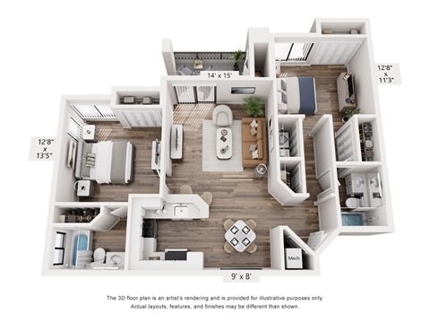 Floor plan for 2 beds, 2 baths, 1197 sqft